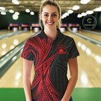 Custom Black And Red Tribal Pattern Bowling Team Polo Shirt, Bowling League Shirt
