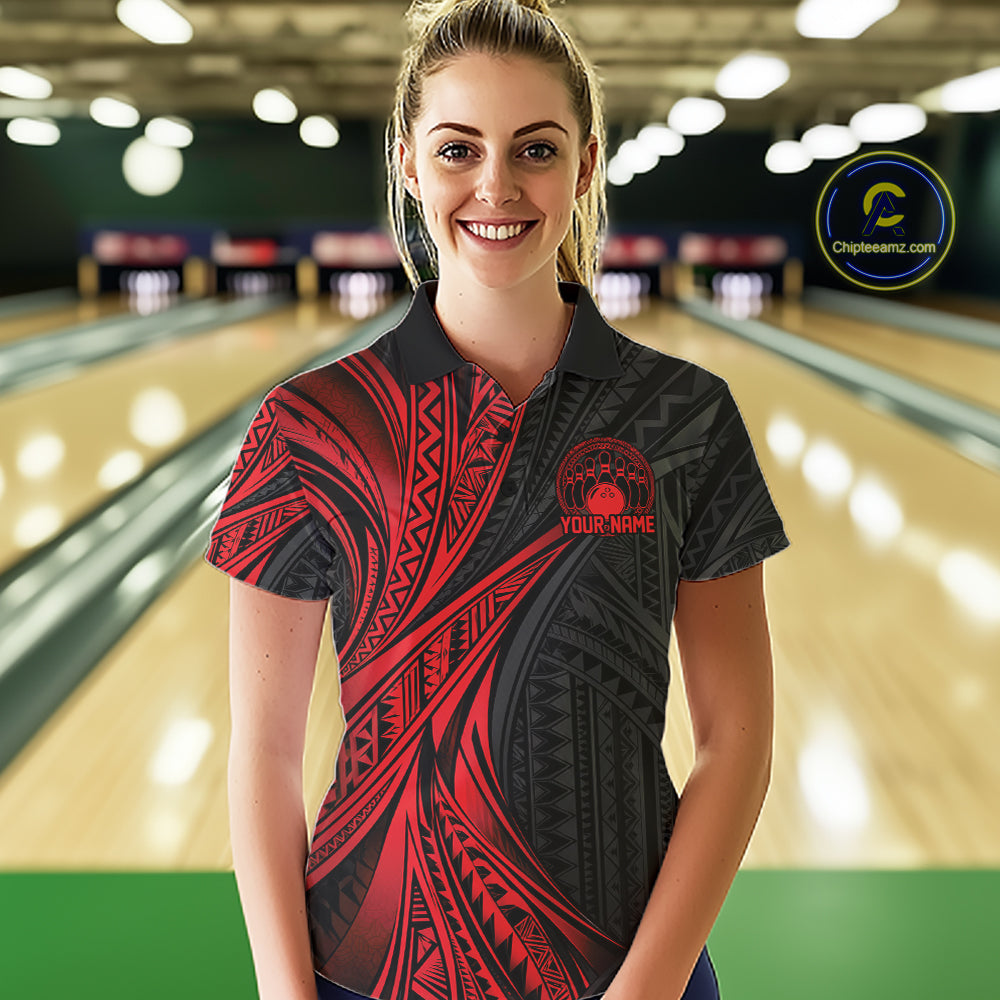 Custom Black And Red Tribal Pattern Bowling Team Polo Shirt, Bowling League Shirt