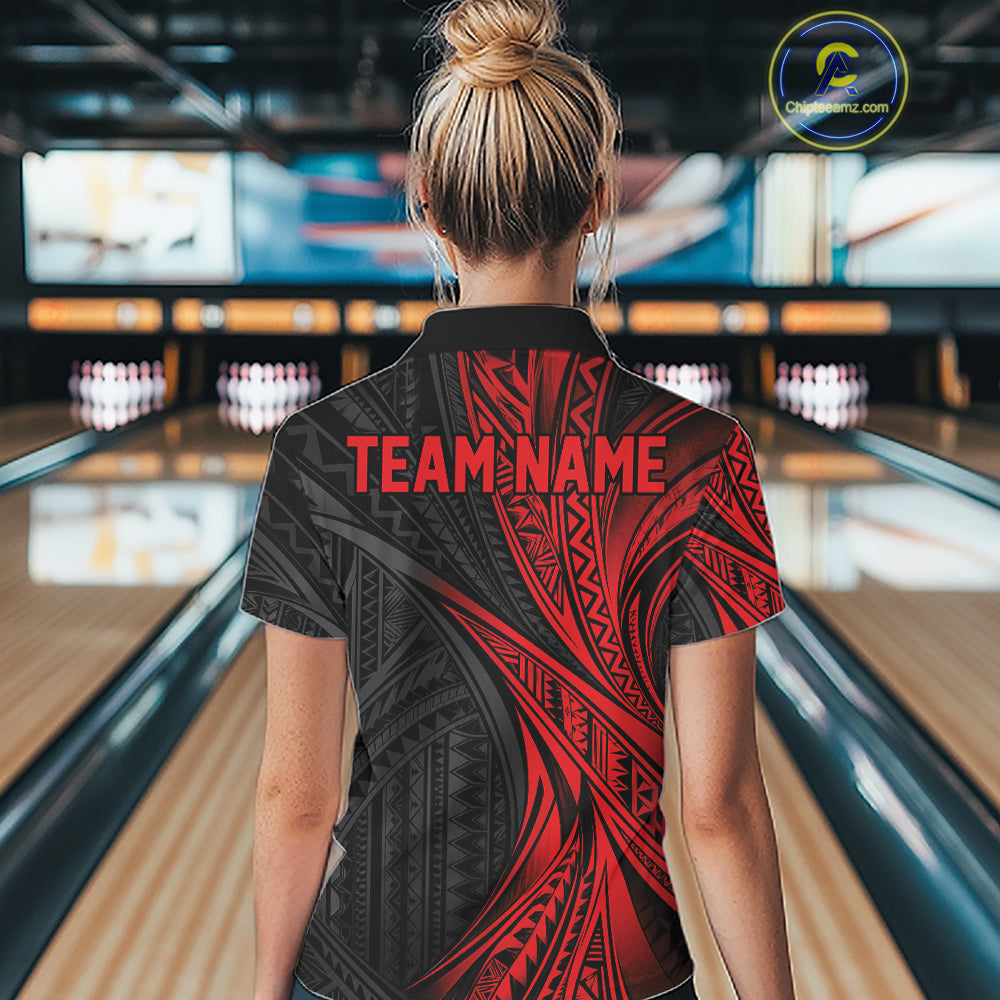Custom Black And Red Tribal Pattern Bowling Team Polo Shirt, Bowling League Shirt