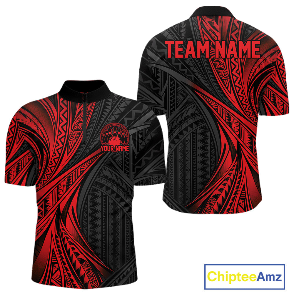Custom Black And Red Tribal Pattern Bowling Team Quarter Zip Shirt, Bowling League Shirt