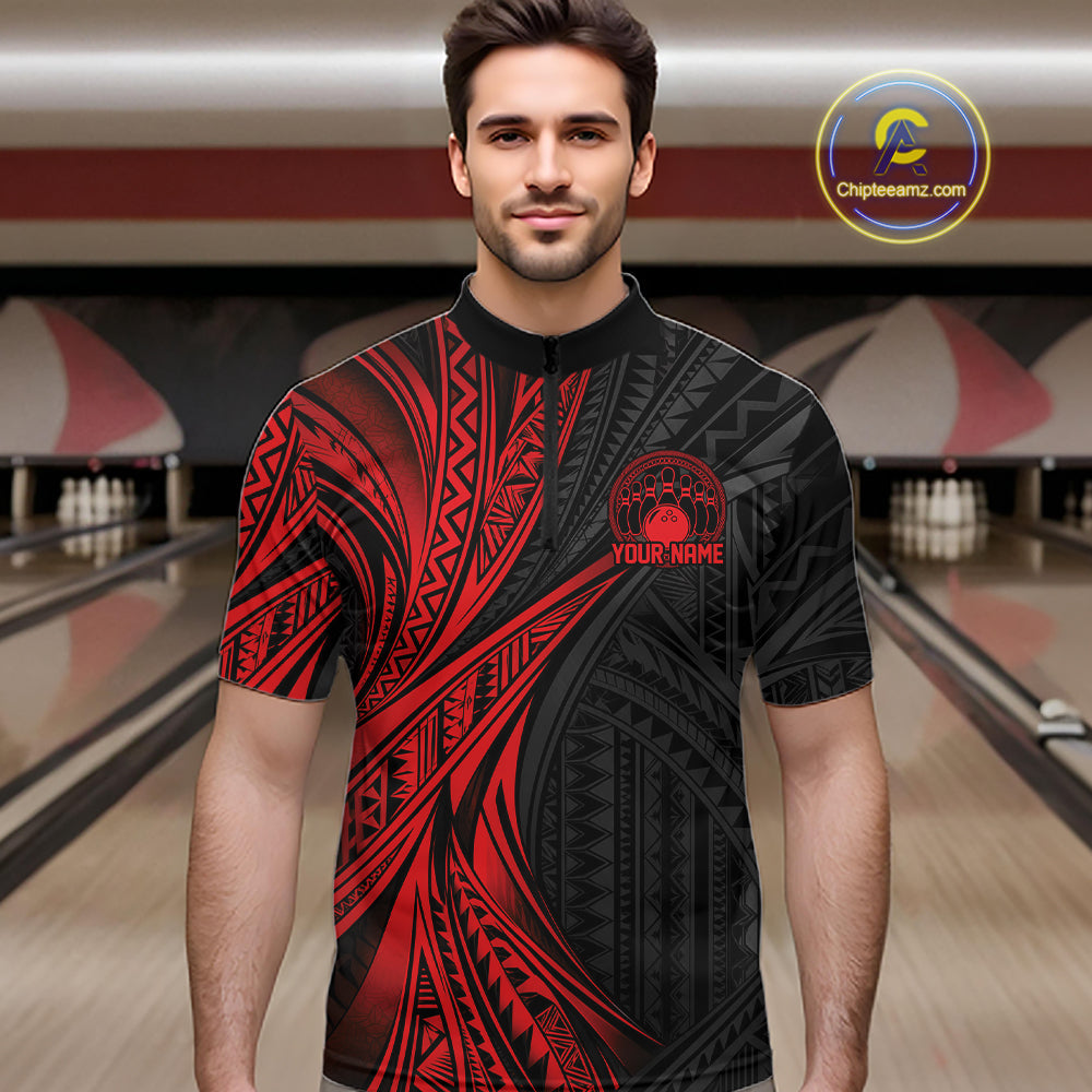 Custom Black And Red Tribal Pattern Bowling Team Quarter Zip Shirt, Bowling League Shirt