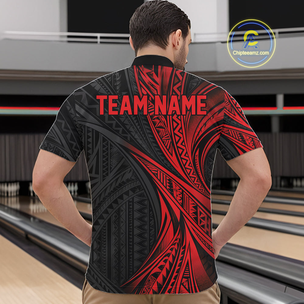 Custom Black And Red Tribal Pattern Bowling Team Quarter Zip Shirt, Bowling League Shirt