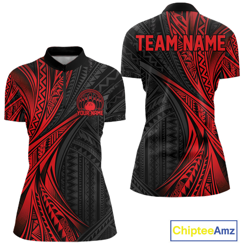 Custom Black And Red Tribal Bowling Team Quarter-Zip Shirt, Bowling League Shirt