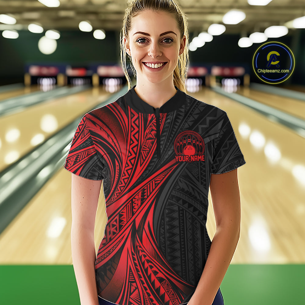 Custom Black And Red Tribal Bowling Team Quarter-Zip Shirt, Bowling League Shirt