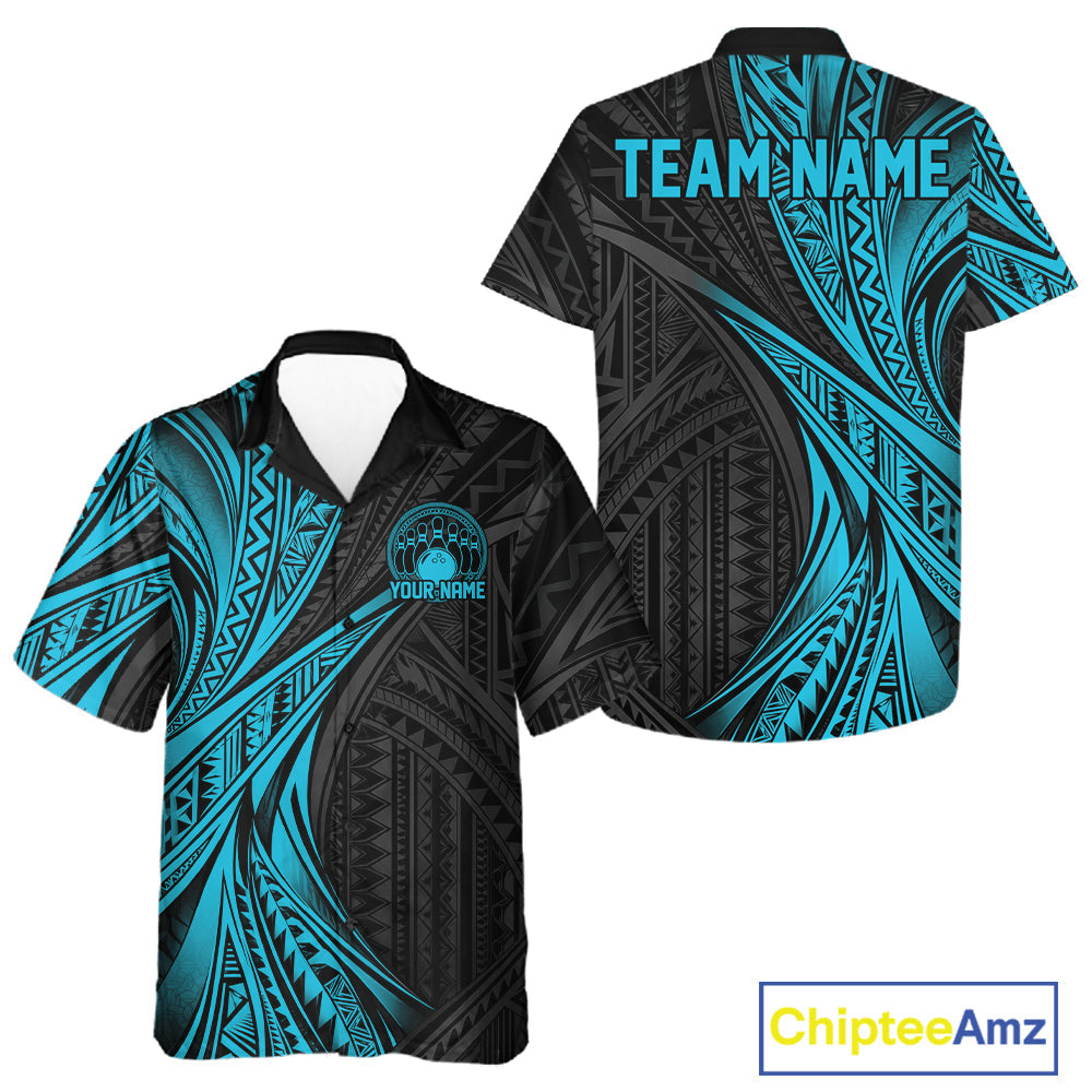 Custom Black And Turquoise Tribal Bowling Team And Button Up Shirt, Bowling League Shirt