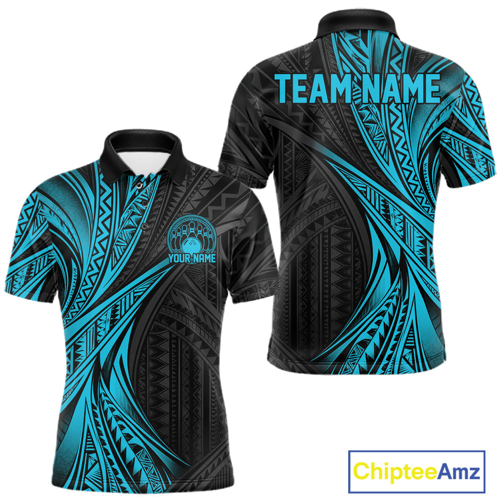 Custom Black And Turquoise Tribal Bowling Team Polo Shirt, Bowling League Shirt