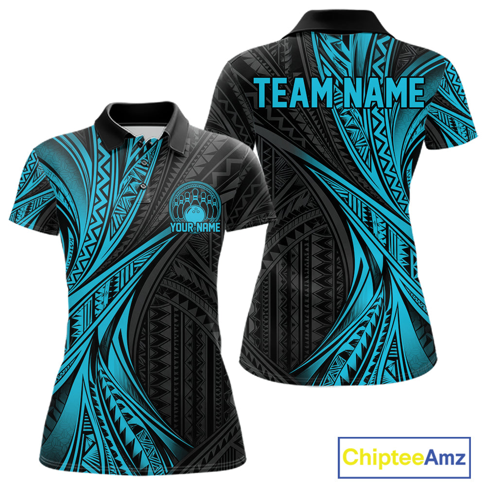 Custom Black And Turquoise Tribal Bowling Team Polo Shirt, Bowling League Shirt