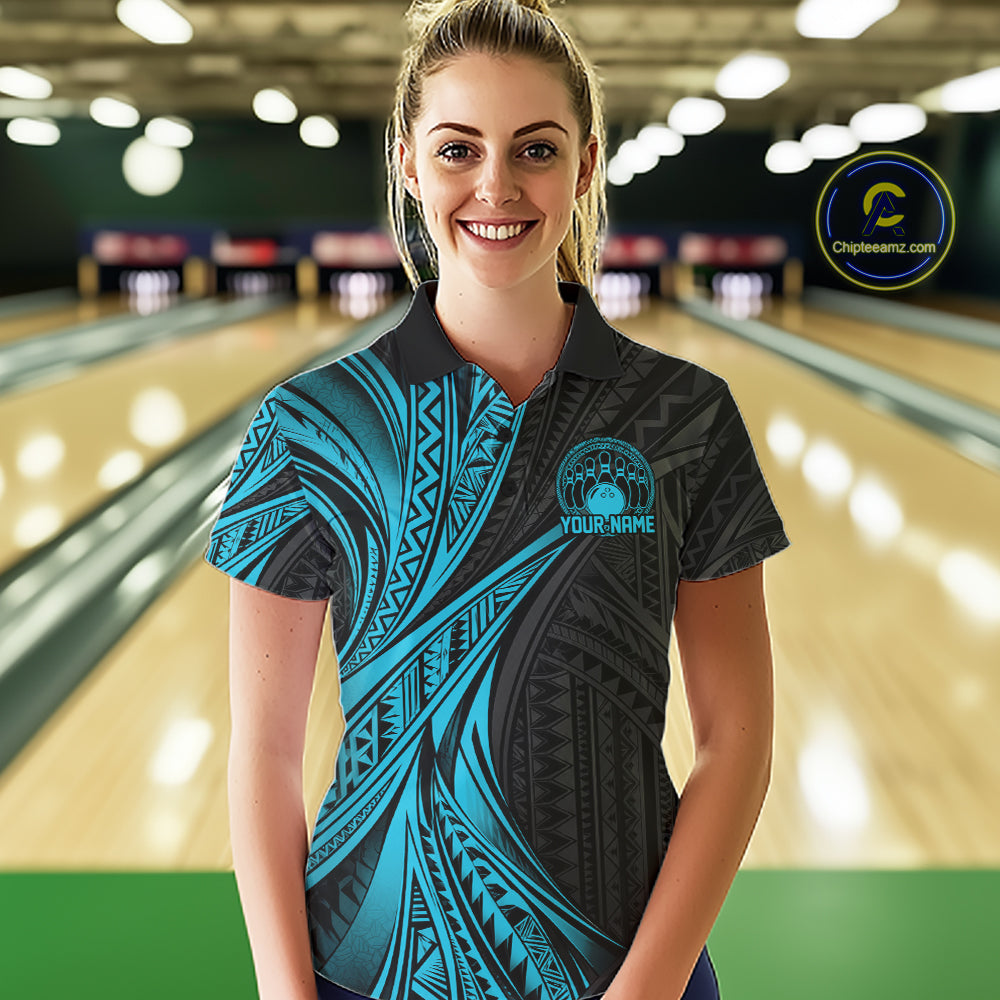 Custom Black And Turquoise Tribal Bowling Team Polo Shirt, Bowling League Shirt