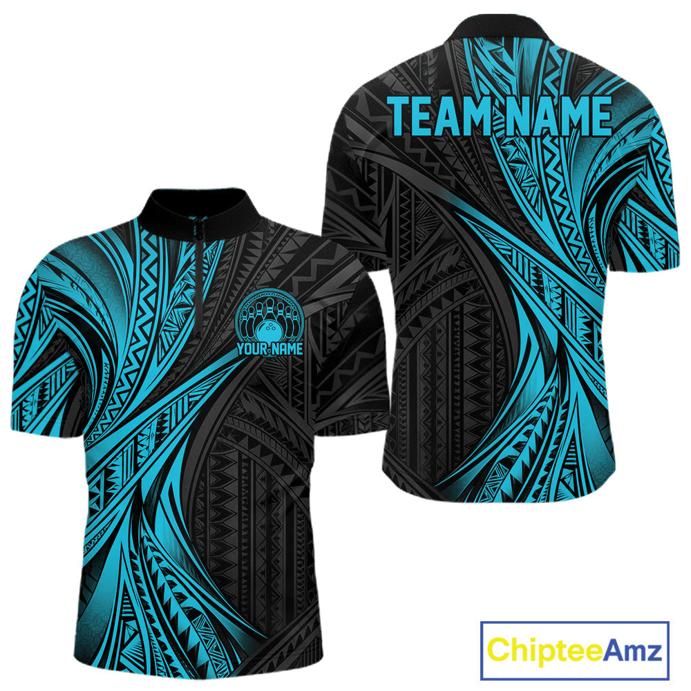 Custom Black And Turquoise Tribal Bowling Team Quarter Zip Shirt, Bowling League Shirt