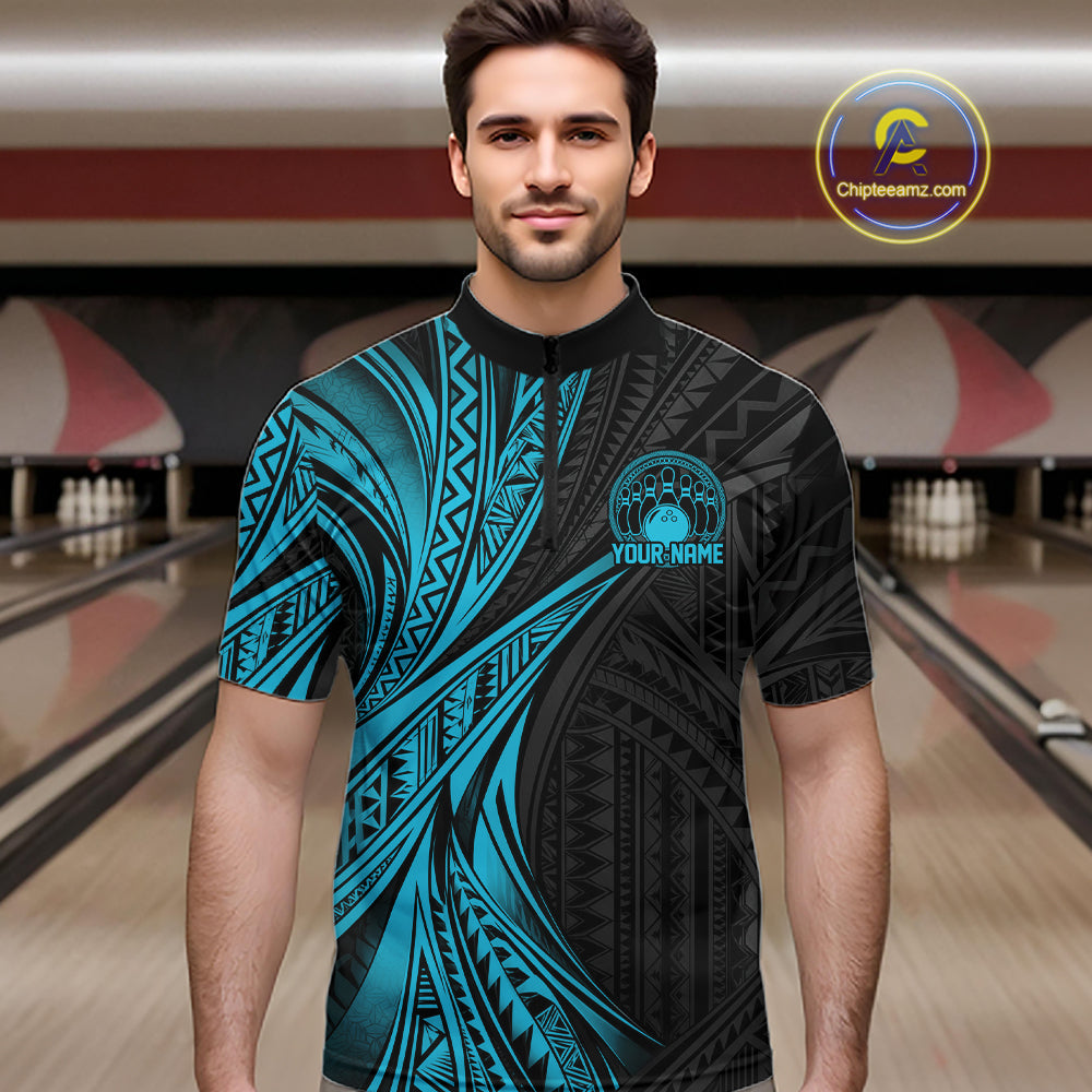 Custom Black And Turquoise Tribal Bowling Team Quarter Zip Shirt, Bowling League Shirt