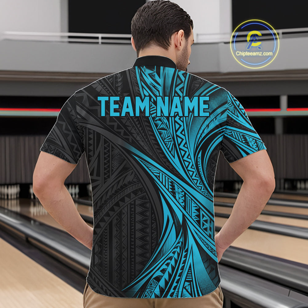 Custom Black And Turquoise Tribal Bowling Team Quarter Zip Shirt, Bowling League Shirt