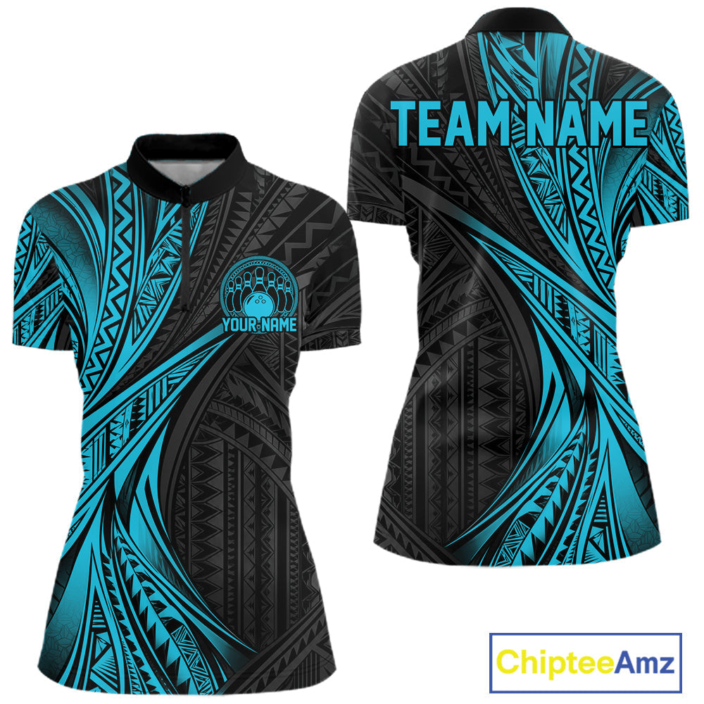 Custom Black And Turquoise Tribal Bowling Quarter-Zip Shirt, Bowling League Shirt