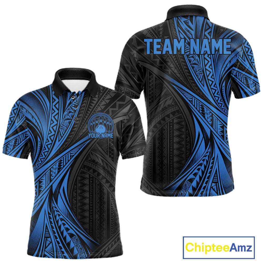 Custom Black And Blue Tribal Pattern Bowling Team Polo Shirt, Bowling League Shirt