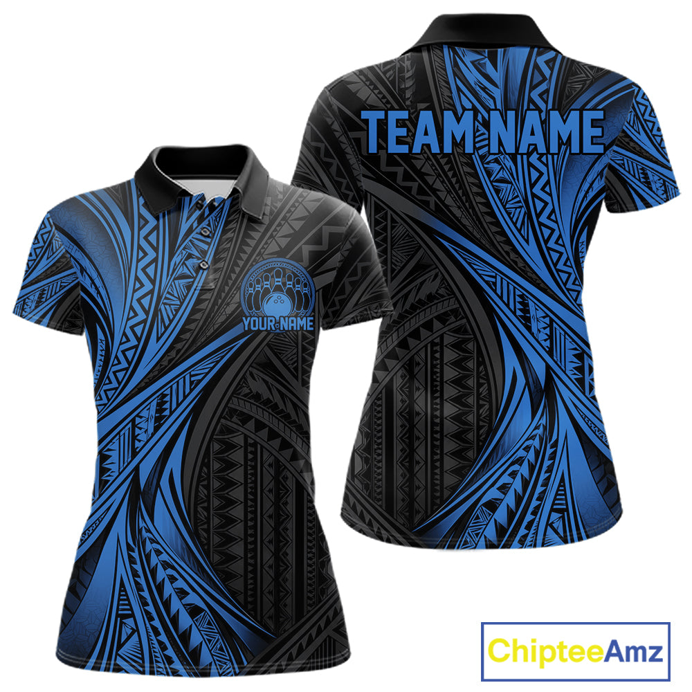Custom Black And Blue Tribal Pattern Bowling Team Polo Shirt, Bowling League Shirt