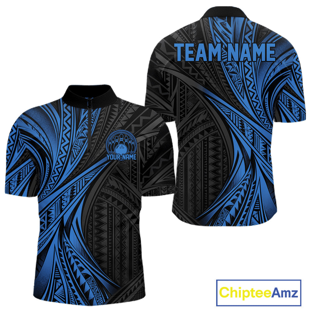 Custom Black And Blue Tribal Pattern Bowling Team Quarter Zip Shirt, Bowling League Shirt
