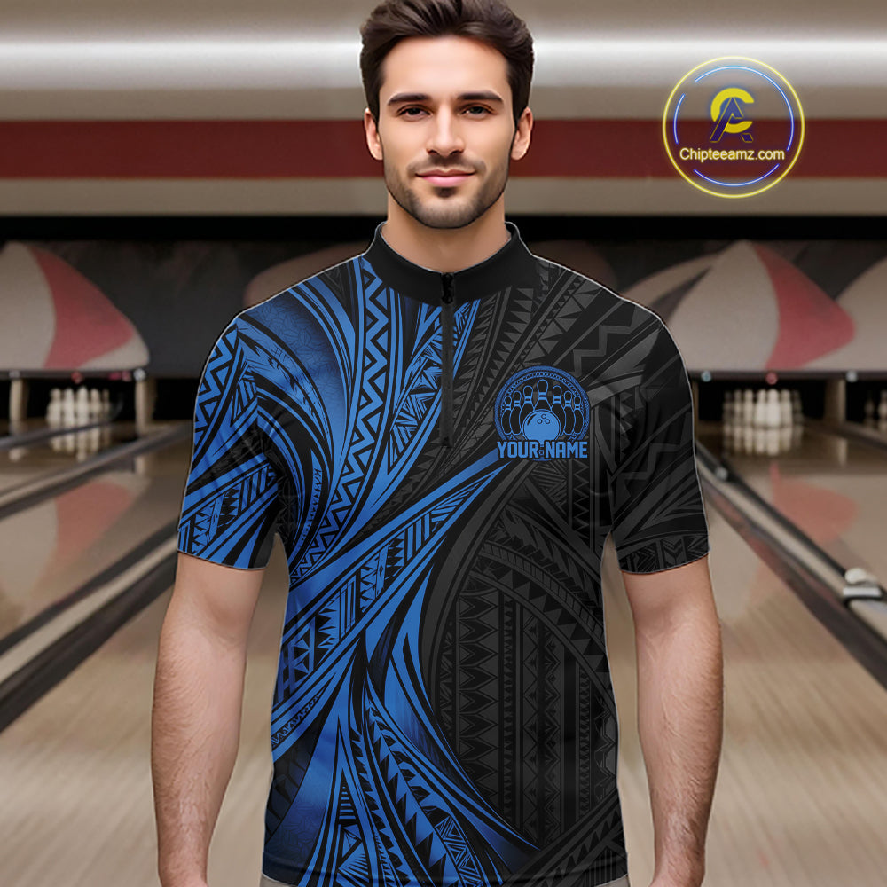 Custom Black And Blue Tribal Pattern Bowling Team Quarter Zip Shirt, Bowling League Shirt