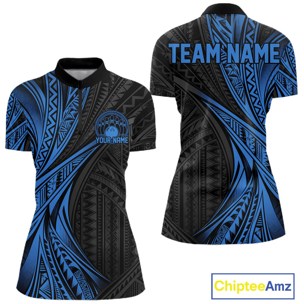 Custom Black And Blue Tribal Bowling Team Quarter-Zip Shirt, Bowling League Shirt