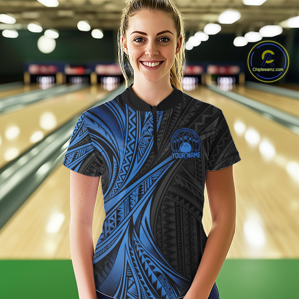 Custom Black And Blue Tribal Bowling Team Quarter-Zip Shirt, Bowling League Shirt