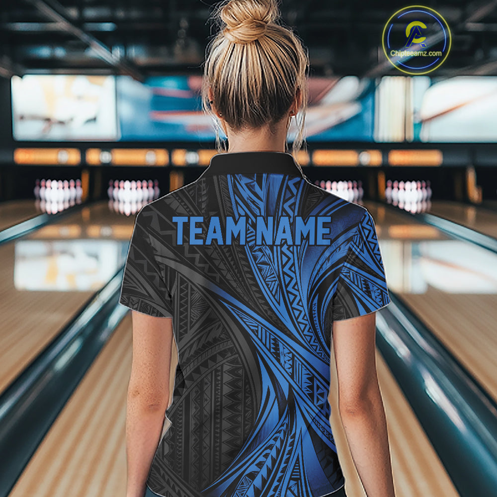 Custom Black And Blue Tribal Bowling Team Quarter-Zip Shirt, Bowling League Shirt