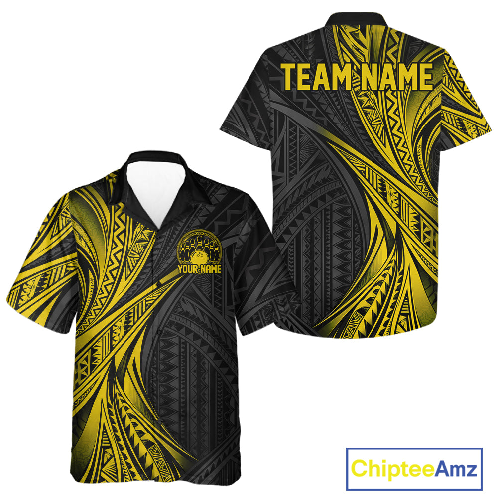 Custom Black And Gold Tribal Pattern Bowling Team And Button Up Shirt, Bowling League Shirt