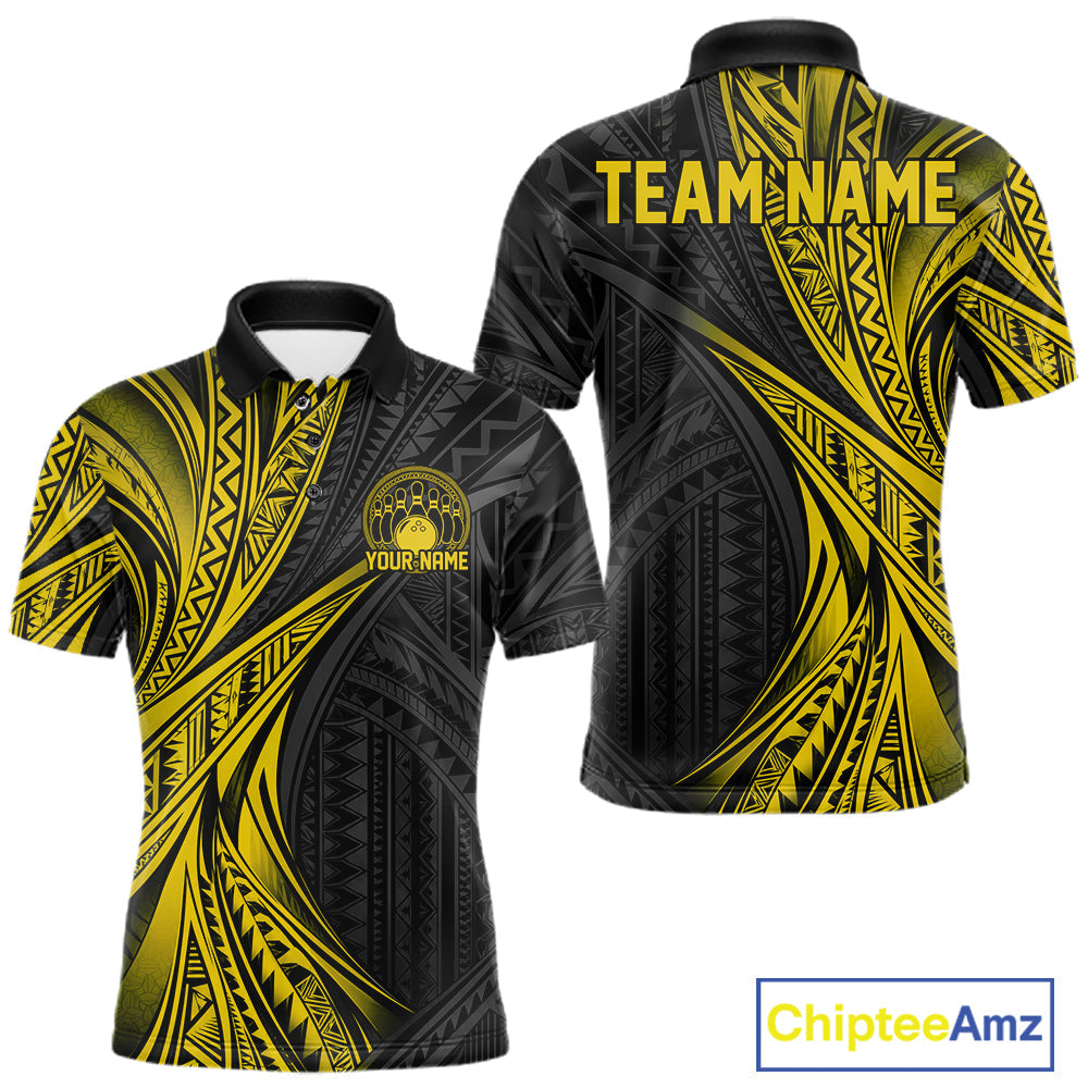 Custom Black And Gold Tribal Pattern Bowling Team Polo Shirt, Bowling League Shirt