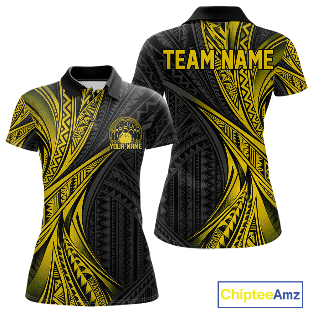 Custom Black And Gold Tribal Pattern Bowling Team Polo Shirt, Bowling League Shirt