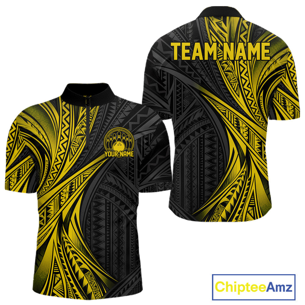 Custom Black And Gold Tribal Pattern Bowling Team Quarter Zip Shirt, Bowling League Shirt