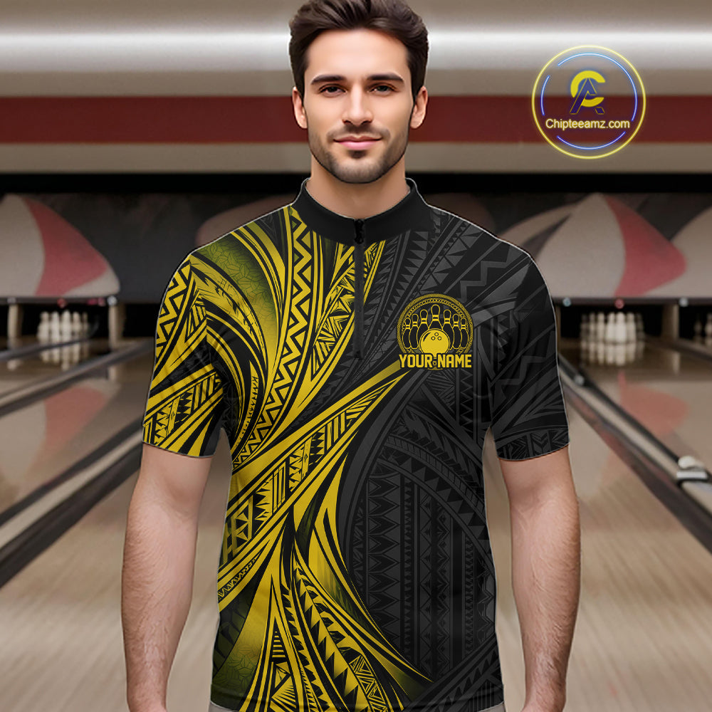 Custom Black And Gold Tribal Pattern Bowling Team Quarter Zip Shirt, Bowling League Shirt