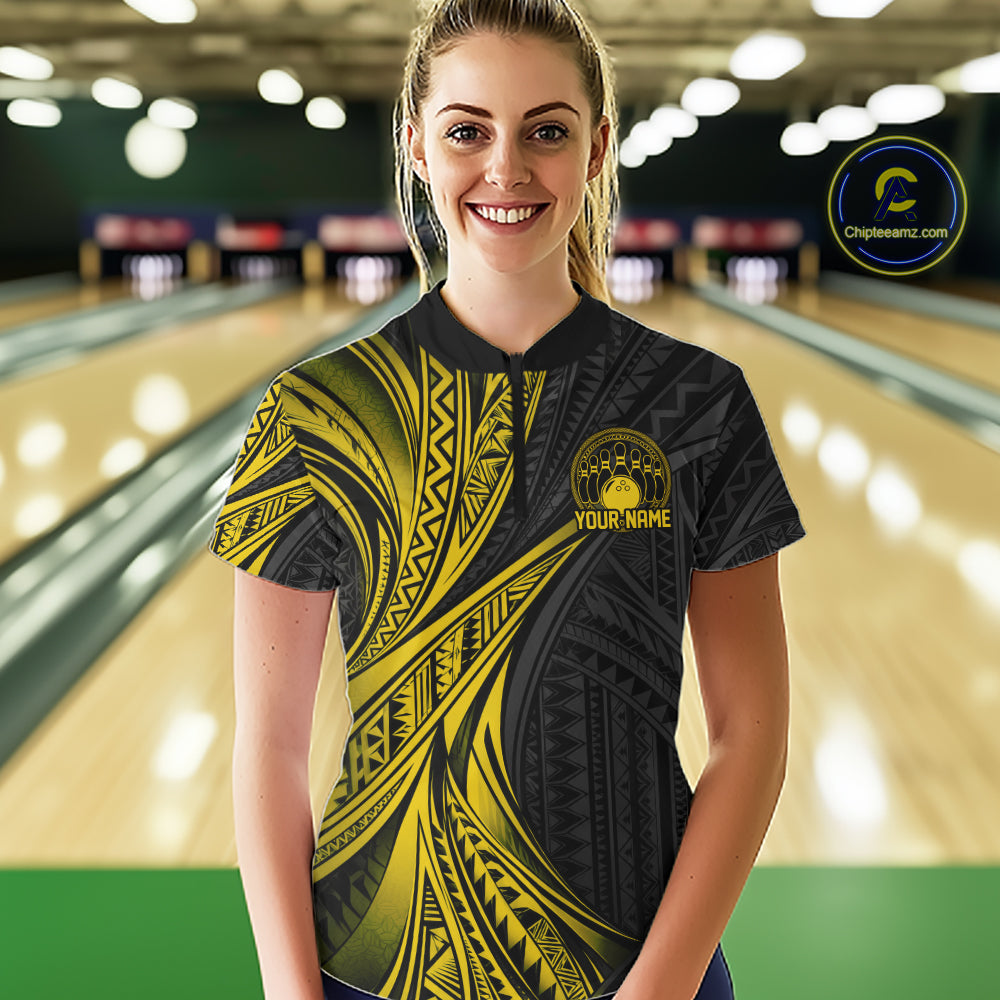 Custom Black And Gold Tribal Bowling Team Quarter-Zip Shirt, Bowling League Shirt