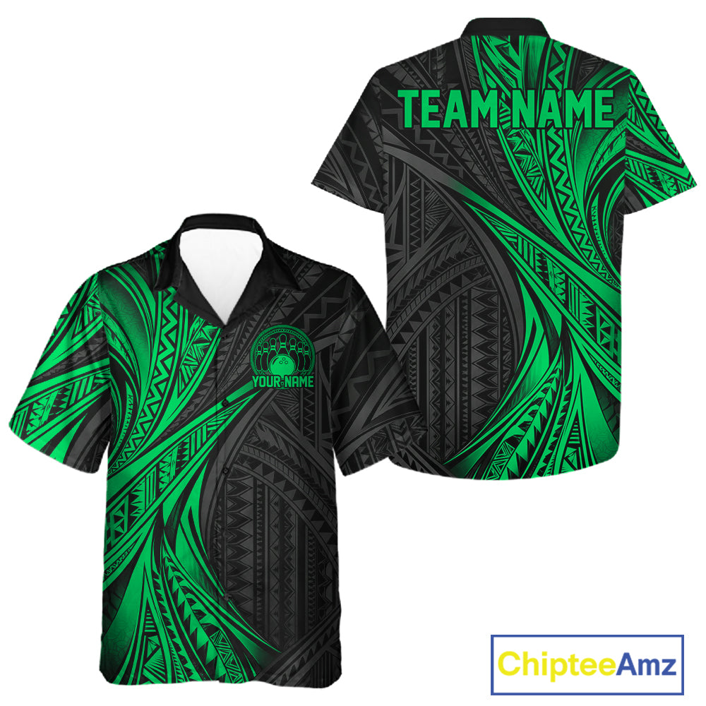 Custom Black And Green Tribal Pattern Bowling Team And Button Up Shirt, Bowling League Shirt