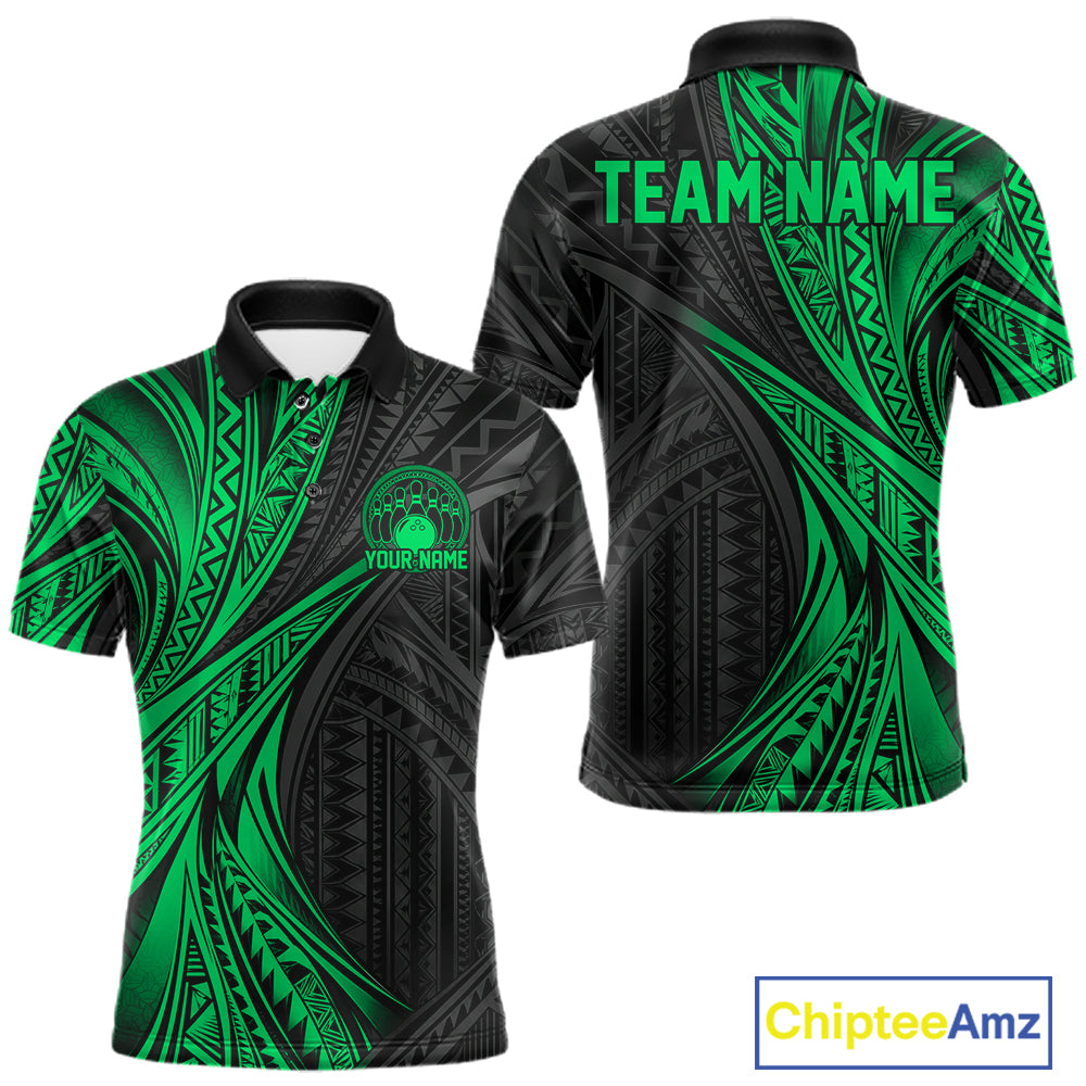 Custom Black And Green Tribal Pattern Bowling Team Polo Shirt, Bowling League Shirt