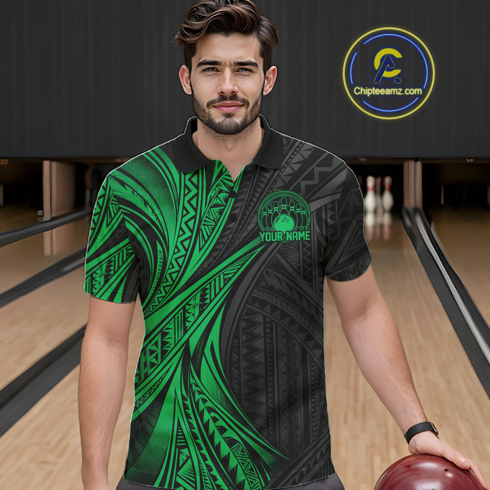 Custom Black And Green Tribal Pattern Bowling Team Polo Shirt, Bowling League Shirt