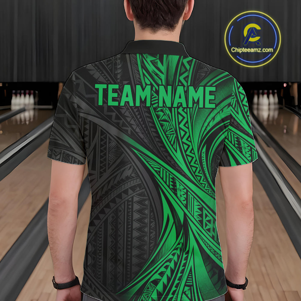 Custom Black And Green Tribal Pattern Bowling Team Polo Shirt, Bowling League Shirt