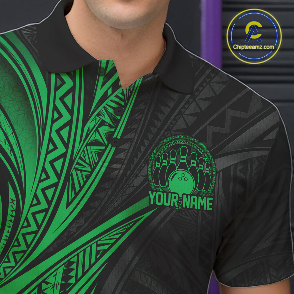 Custom Black And Green Tribal Pattern Bowling Team Polo Shirt, Bowling League Shirt