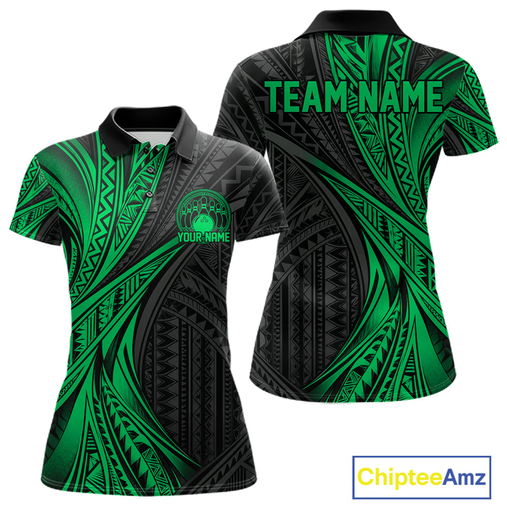 Custom Black And Green Tribal Pattern Bowling Team Polo Shirt, Bowling League Shirt