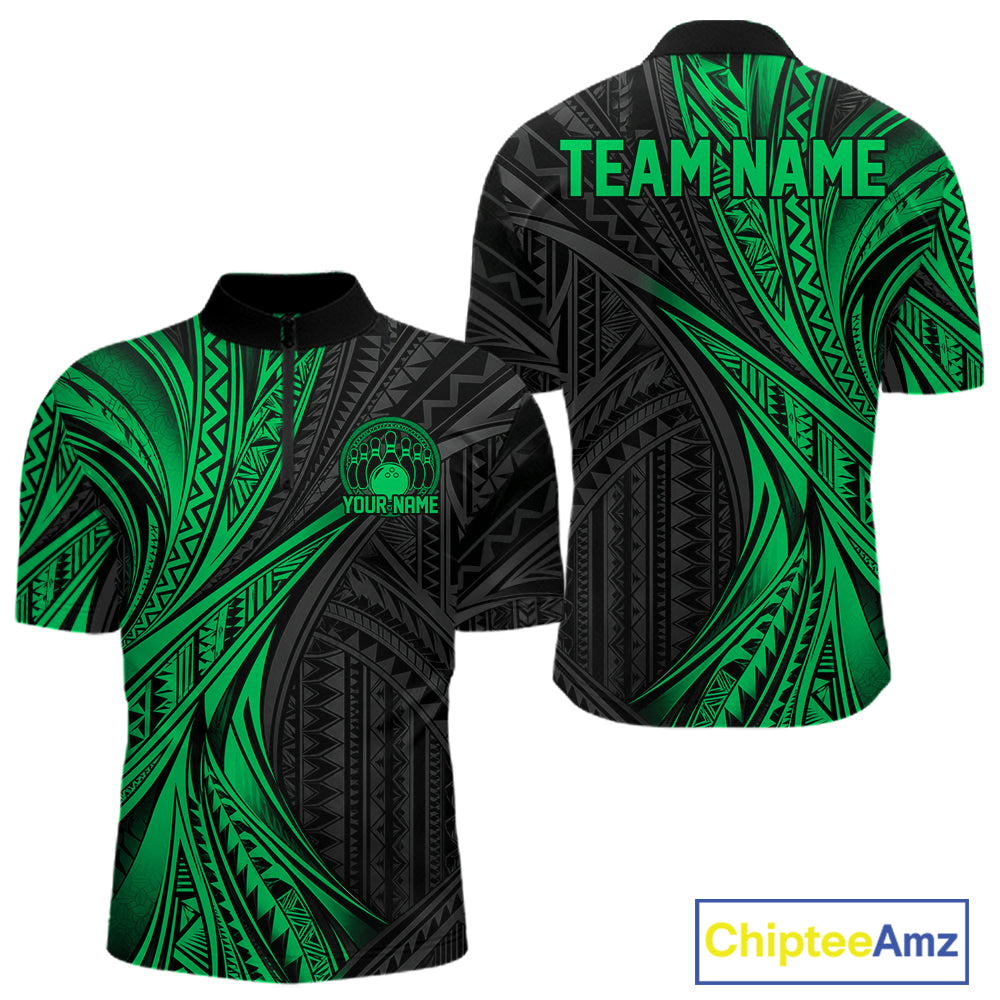 Custom Black And Green Tribal Pattern Bowling Team Quarter Zip Shirt, Bowling League Shirt