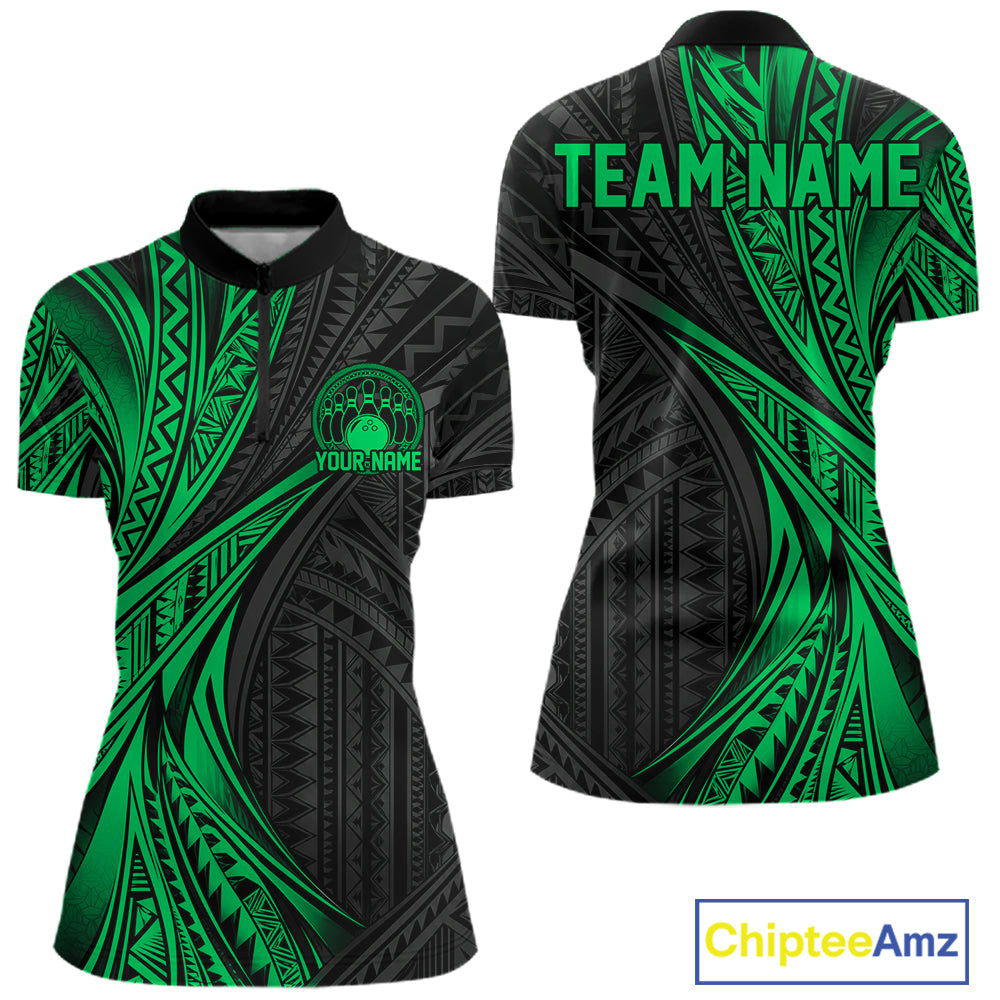 Custom Black And Green Tribal Bowling Team Quarter-Zip Shirt, Bowling League Shirt