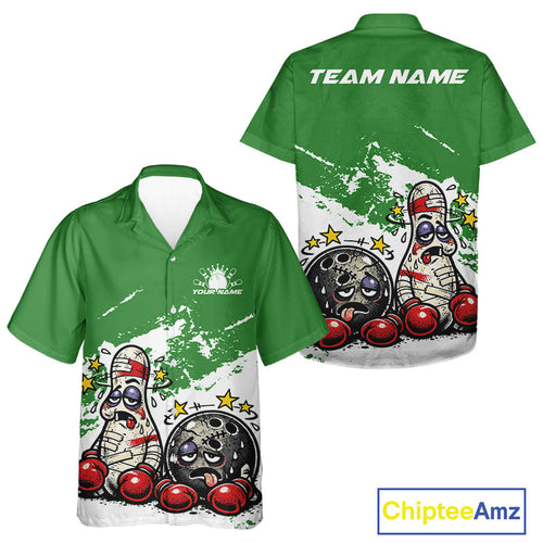 Custom Funny Boxing Bowling And Hawaiian Shirt, Green Grunge Bowling Team Tournament Jersey