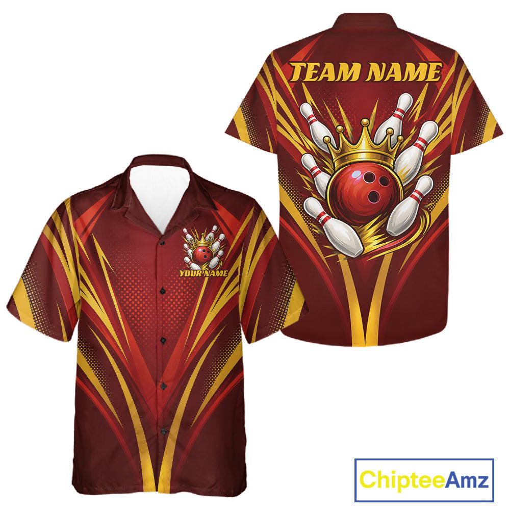 Custom Red And Gold Crowned Bowling Ball Bowling King Bowling Team And Button Up Shirt