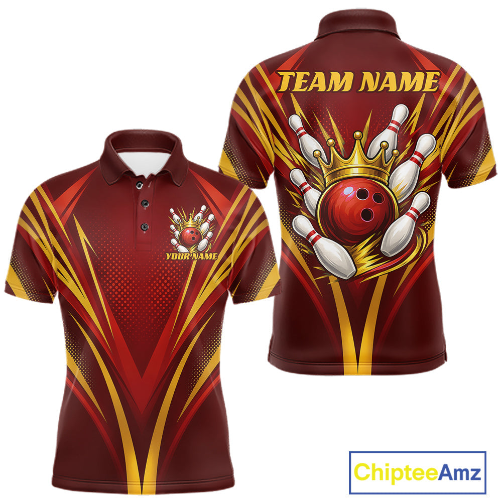 Custom Red And Gold Crowned Bowling Ball Bowling King Bowling Team Polo Shirt