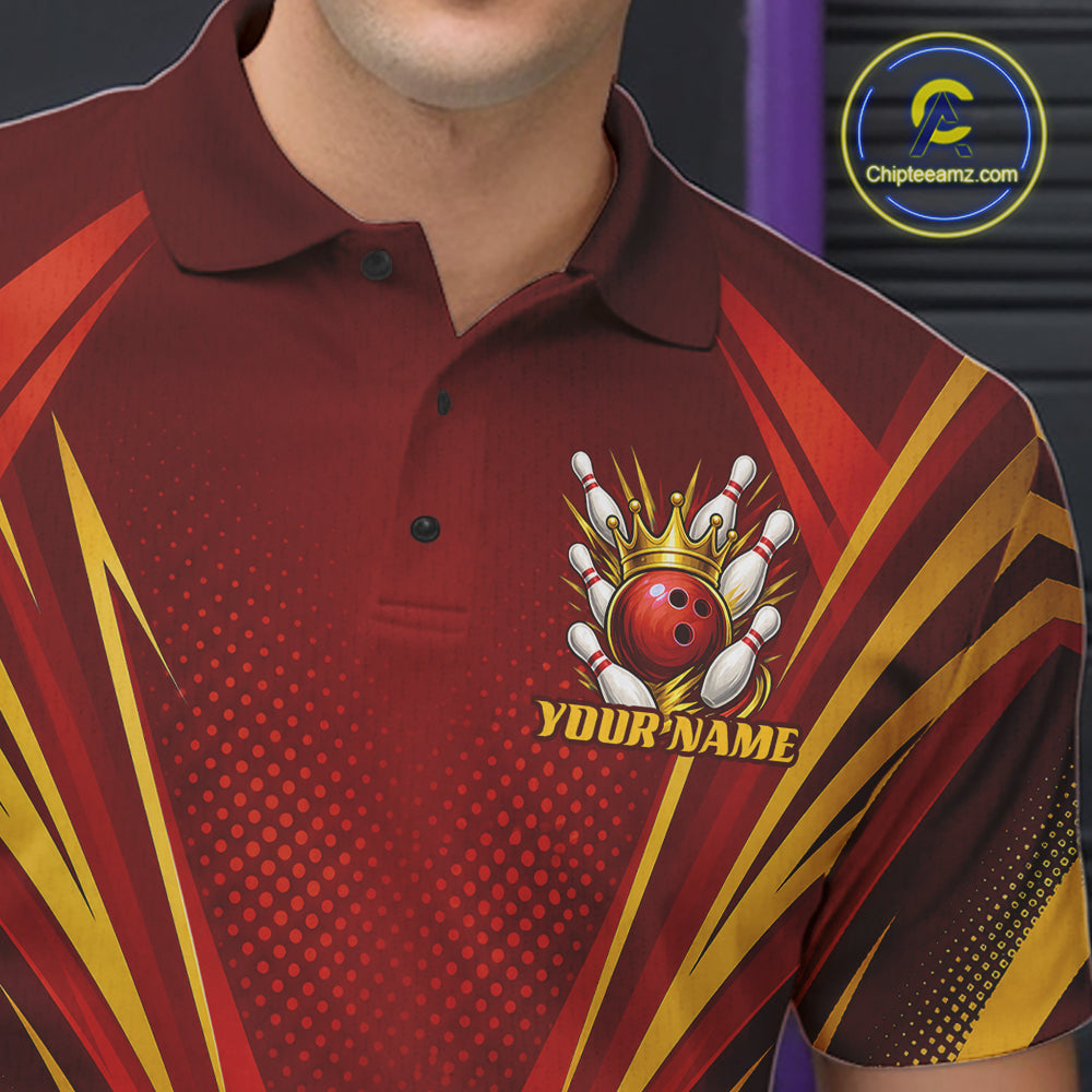 Custom Red And Gold Crowned Bowling Ball Bowling King Bowling Team Polo Shirt