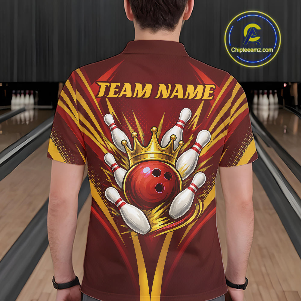 Custom Red And Gold Crowned Bowling Ball Bowling King Bowling Team Polo Shirt