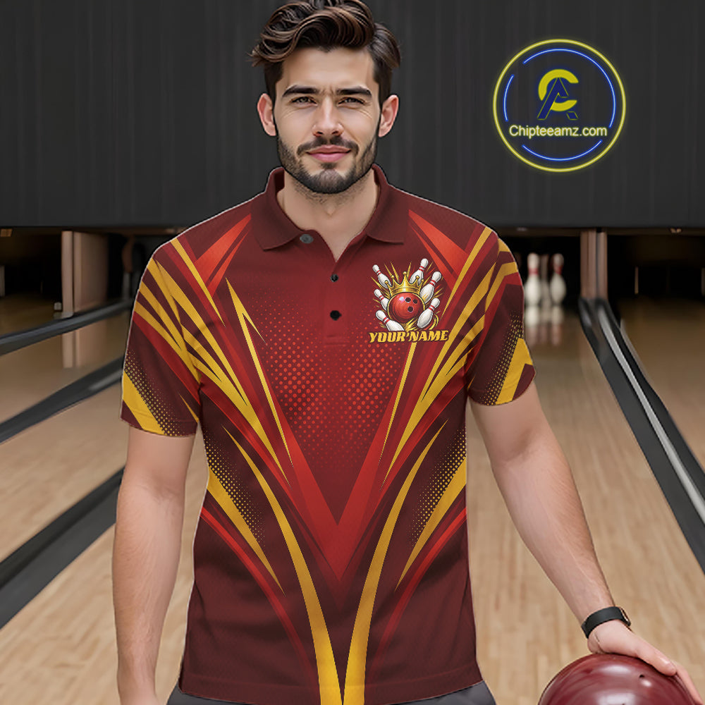 Custom Red And Gold Crowned Bowling Ball Bowling King Bowling Team Polo Shirt