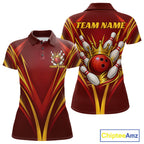 Custom Red And Gold Crowned Bowling Ball Bowling Queen Bowling Team Polo Shirt