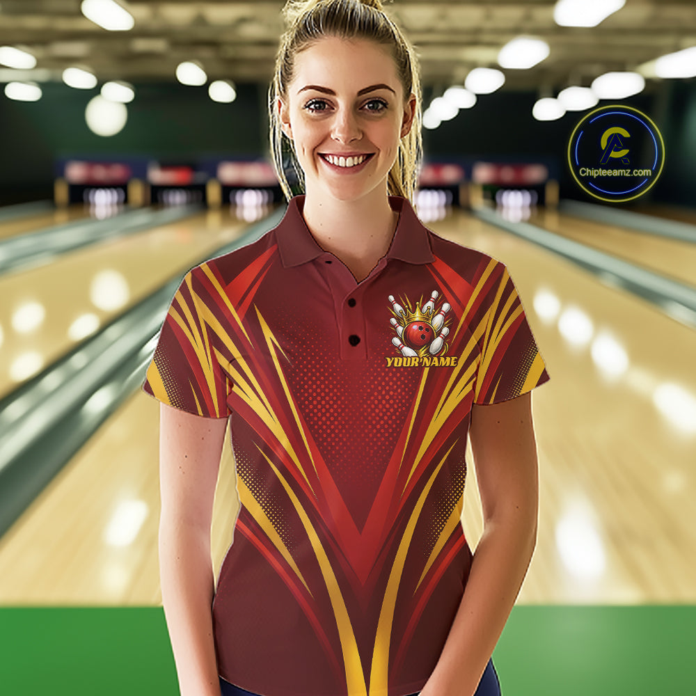 Custom Red And Gold Crowned Bowling Ball Bowling Queen Bowling Team Polo Shirt