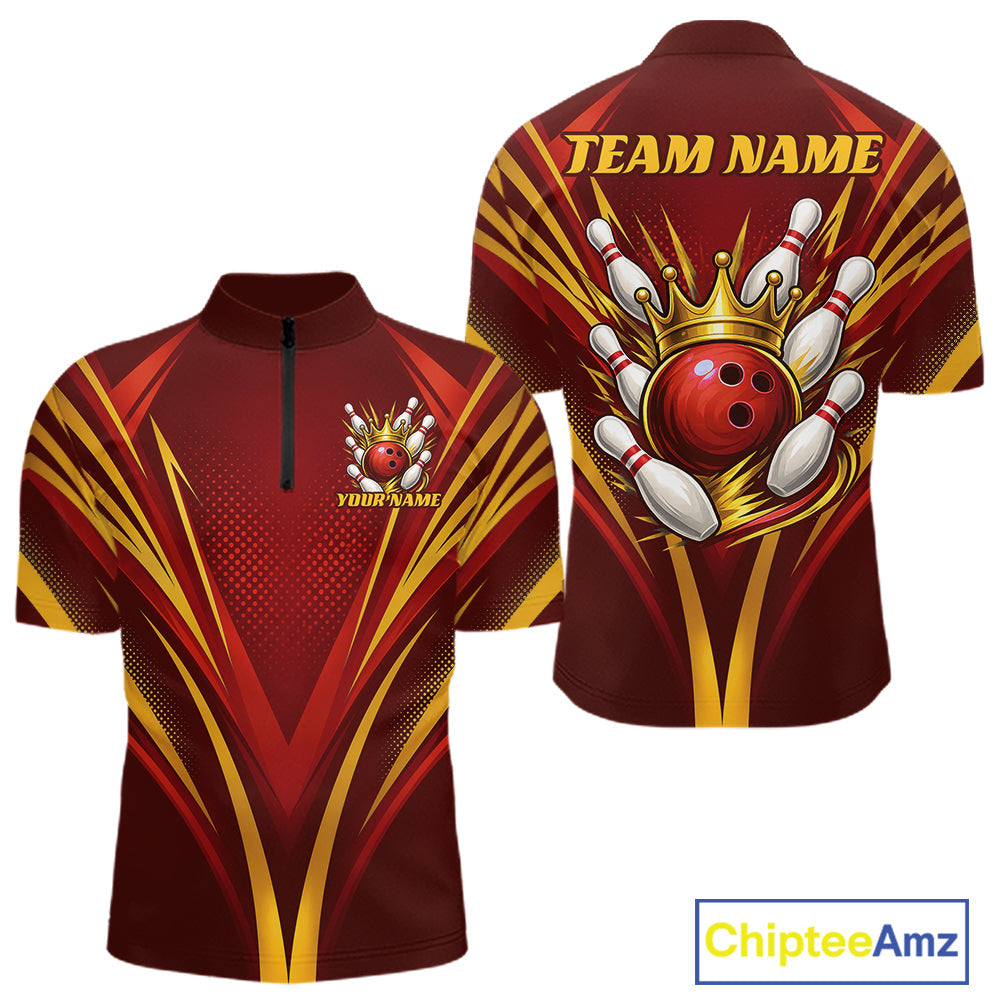 Custom Red And Gold Crowned Bowling Ball Bowling King Bowling Team Quarter Zip Shirt