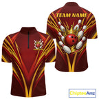 Custom Red And Gold Crowned Bowling Ball Bowling King Bowling Team Quarter Zip Shirt