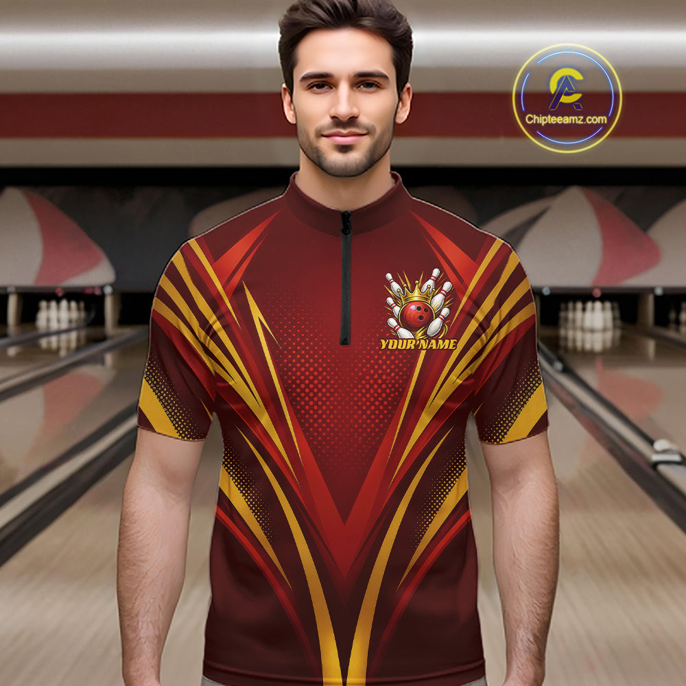 Custom Red And Gold Crowned Bowling Ball Bowling King Bowling Team Quarter Zip Shirt
