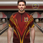Custom Red And Gold Crowned Bowling Ball Bowling King Bowling Team Quarter Zip Shirt