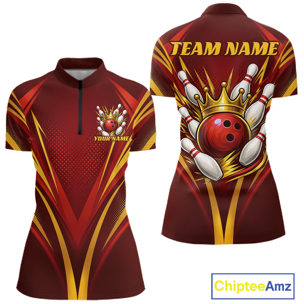 Custom Red And Gold Crowned Bowling Ball Bowling Queen Team Quarter-Zip Shirt